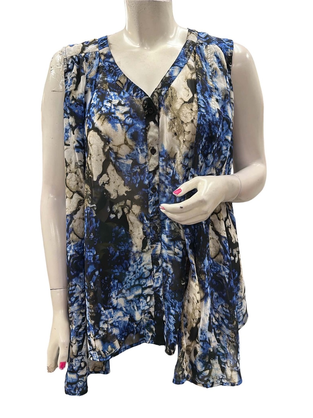 Penningtons Blue Black White Marble-Print Sleeveless V-Neck Camisole Size 3X
